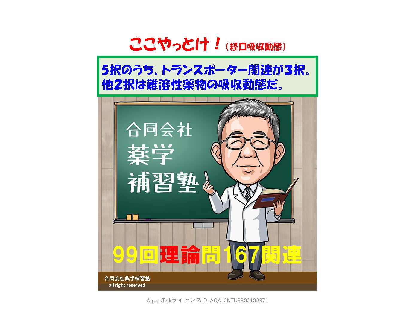 本日の「ゆっくり国試（理論）問題（99回問167）」のゆっくりショート解説（YouTubeショート：241101）