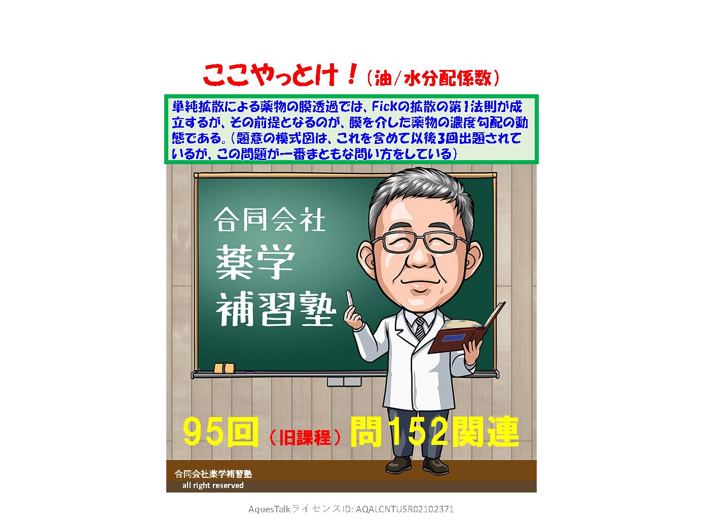 薬剤師国家試験・薬物動態学関連問題（旧課程；95回問152）のゆっくりショート解説（YouTubeショート：250512）